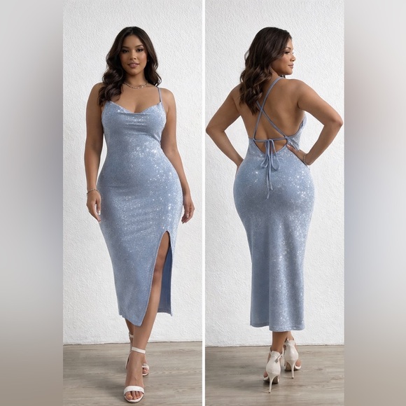 SHEIN Dresses & Skirts - SHEIN Blue Cowl Neck Open Back Bodycon Dress Medium Spaghetti Strap Slit Midi